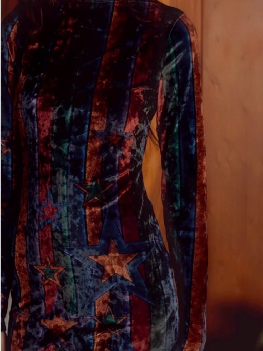 Long Sleeve Velvet Star-Print Dress in Blue, Green & Burgundy